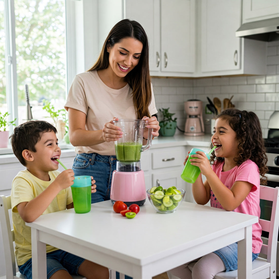 a mom making a fiber smoothie for her kids