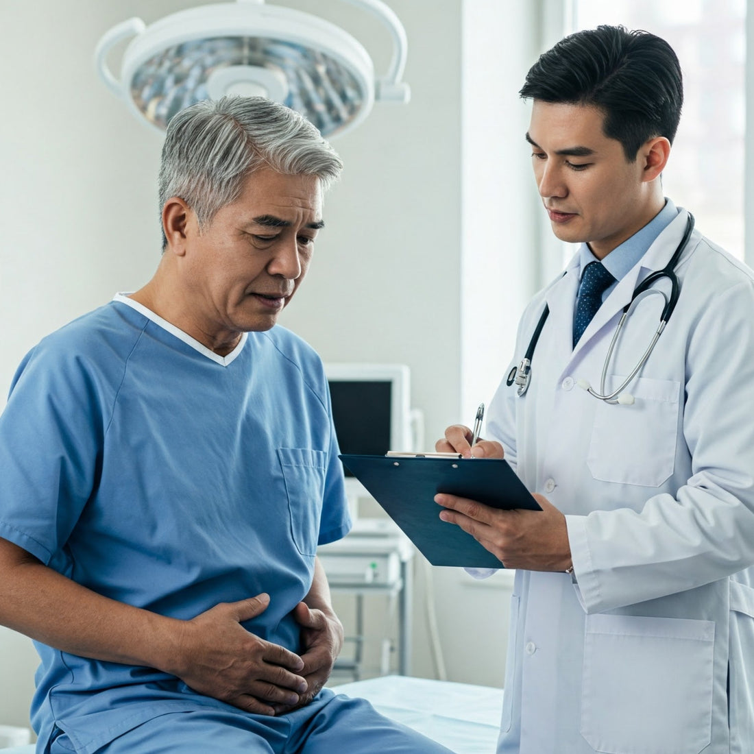 a man with stomach trouble meeting with his doctor