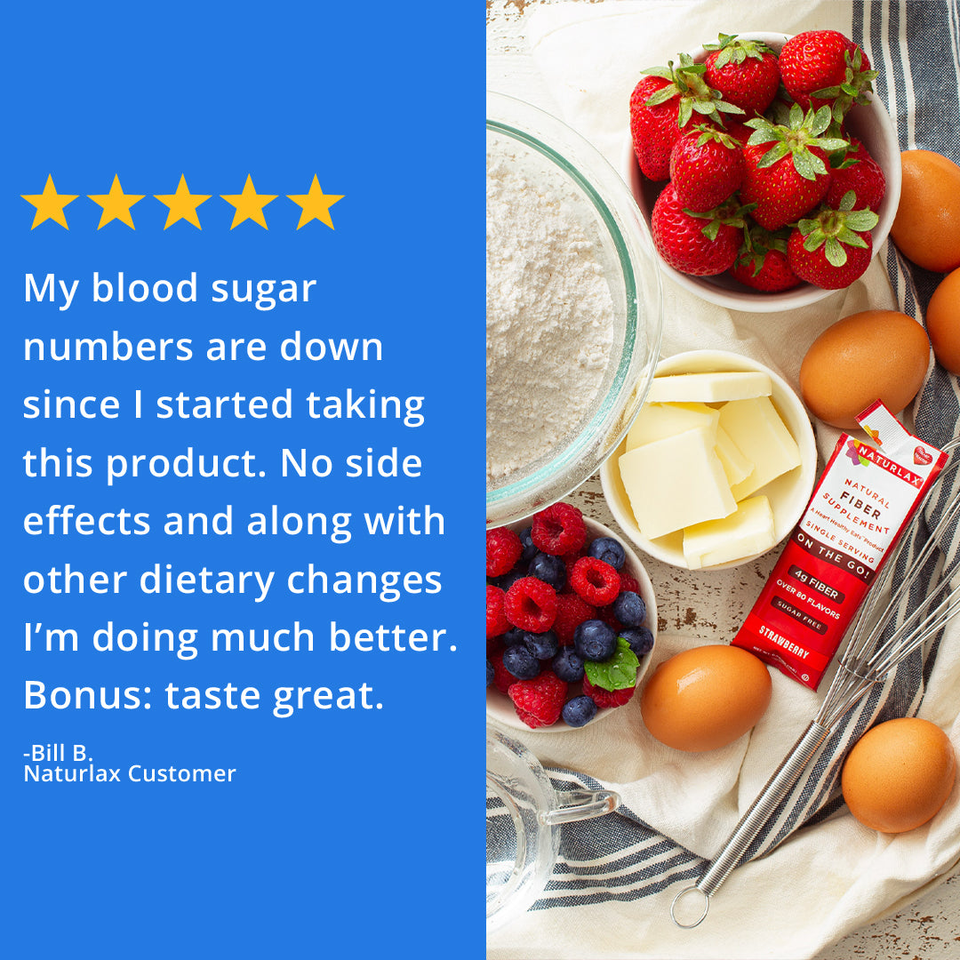 Naturlax fiber supplement with baking ingredients, and a customer review. Fruit Punch.