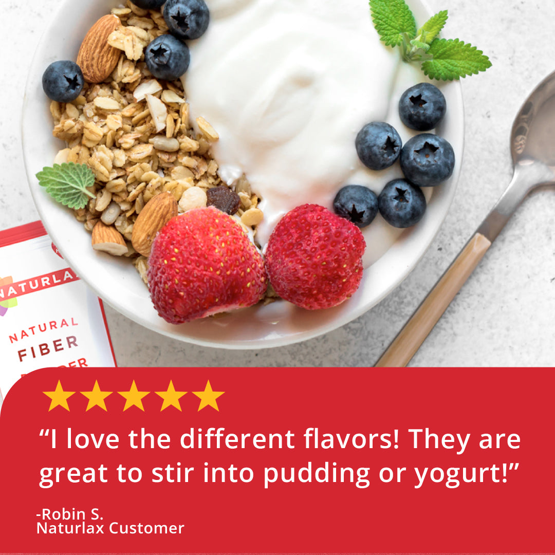 Naturlax fiber supplement with a bowl of yogurt and granola beside a customer review. Kiwi Strawberry.