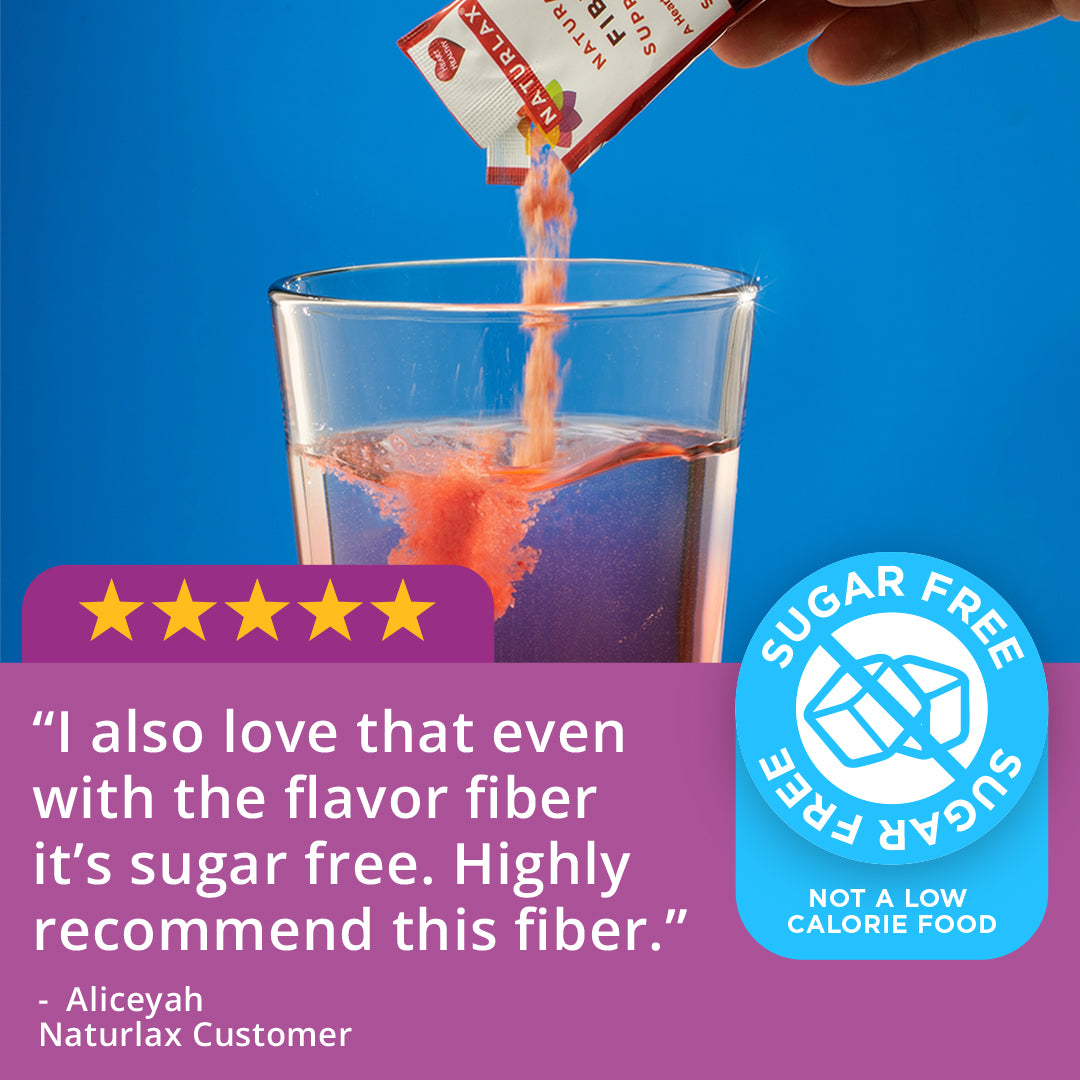 Pouring Naturlax fiber mix into a glass with a sugar-free badge. Chocolate Fiber Kids.
